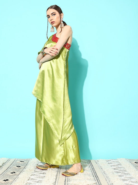 InWeave Women's Olive Red Brocade Satin Oneshoulder Kurta Set - Distacart