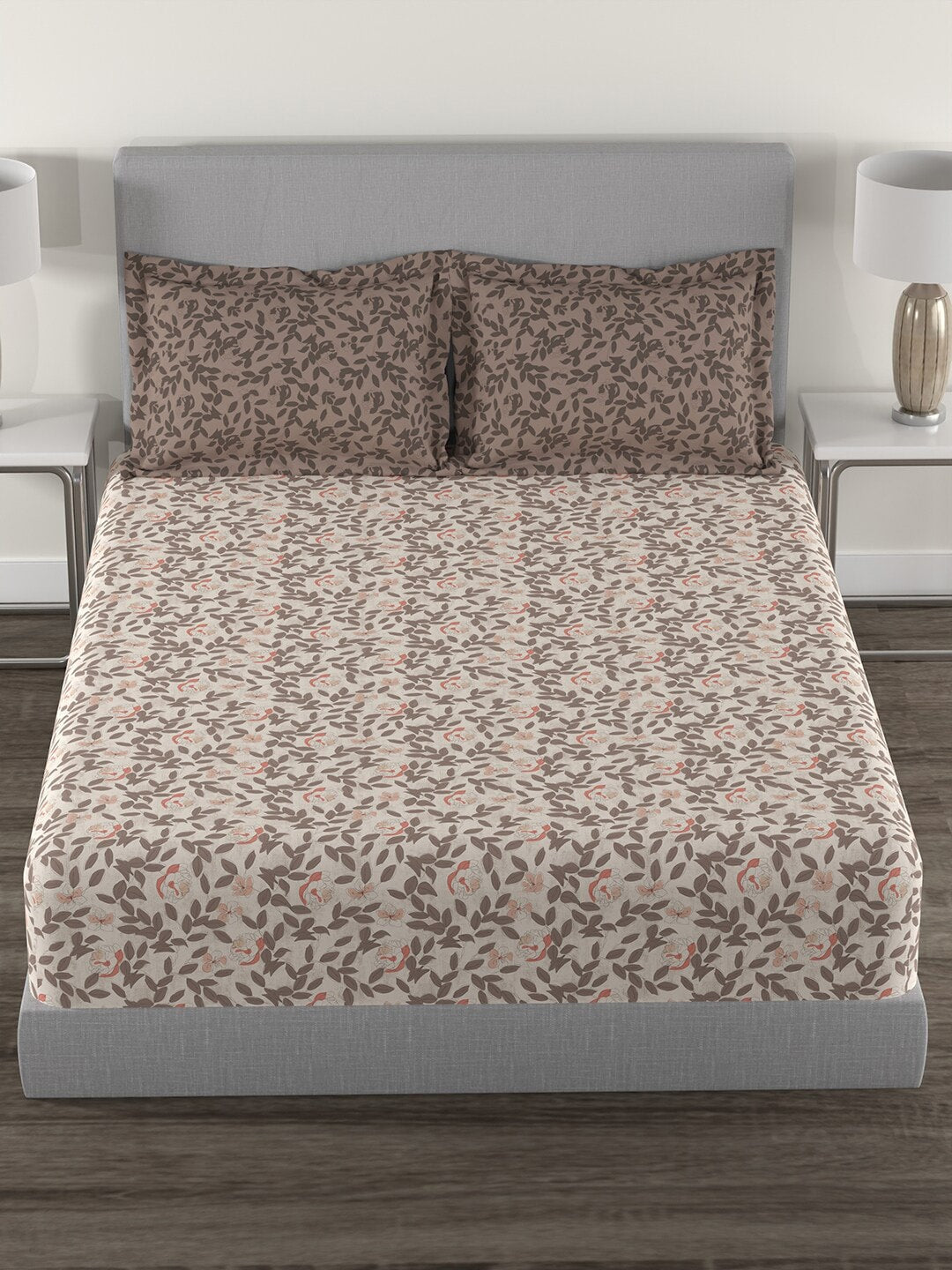 MYTRIDENT Brown White Floral Cotton 144 TC Queen Bedsheet With 2 Pillow Covers - Distacart