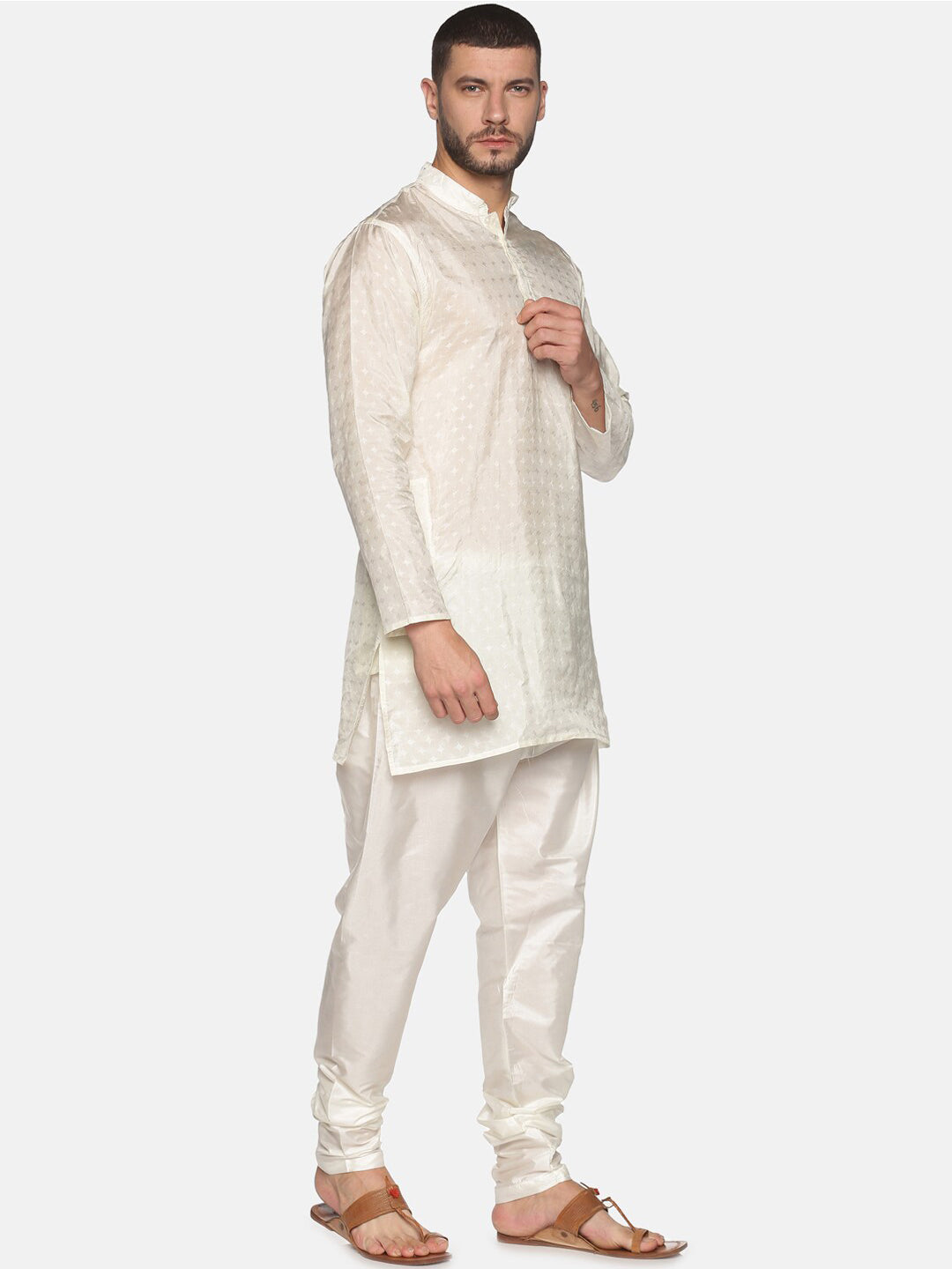 Sethukrishna Men Cream-Coloured Woven Design Kurta with Churidar - Distacart