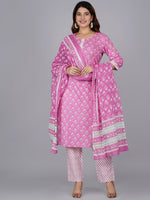 Thumbnail for Kalini Women Pink Ethnic Motifs Printed Pure Cotton Kurta with Trouser & Dupatta - Distacart