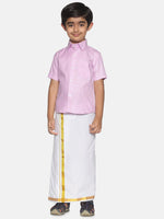 Thumbnail for Sethukrishna Boys Pink & White Pure Cotton Shirt with Dhotis - Distacart