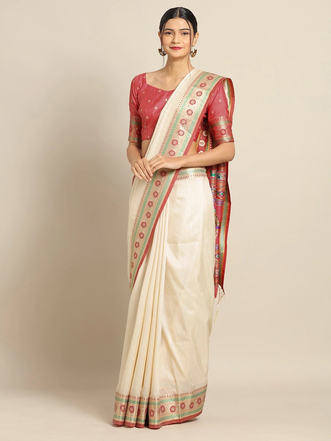 Saree Mall Cream Silk Blend Banarasi Sarees - Distacart