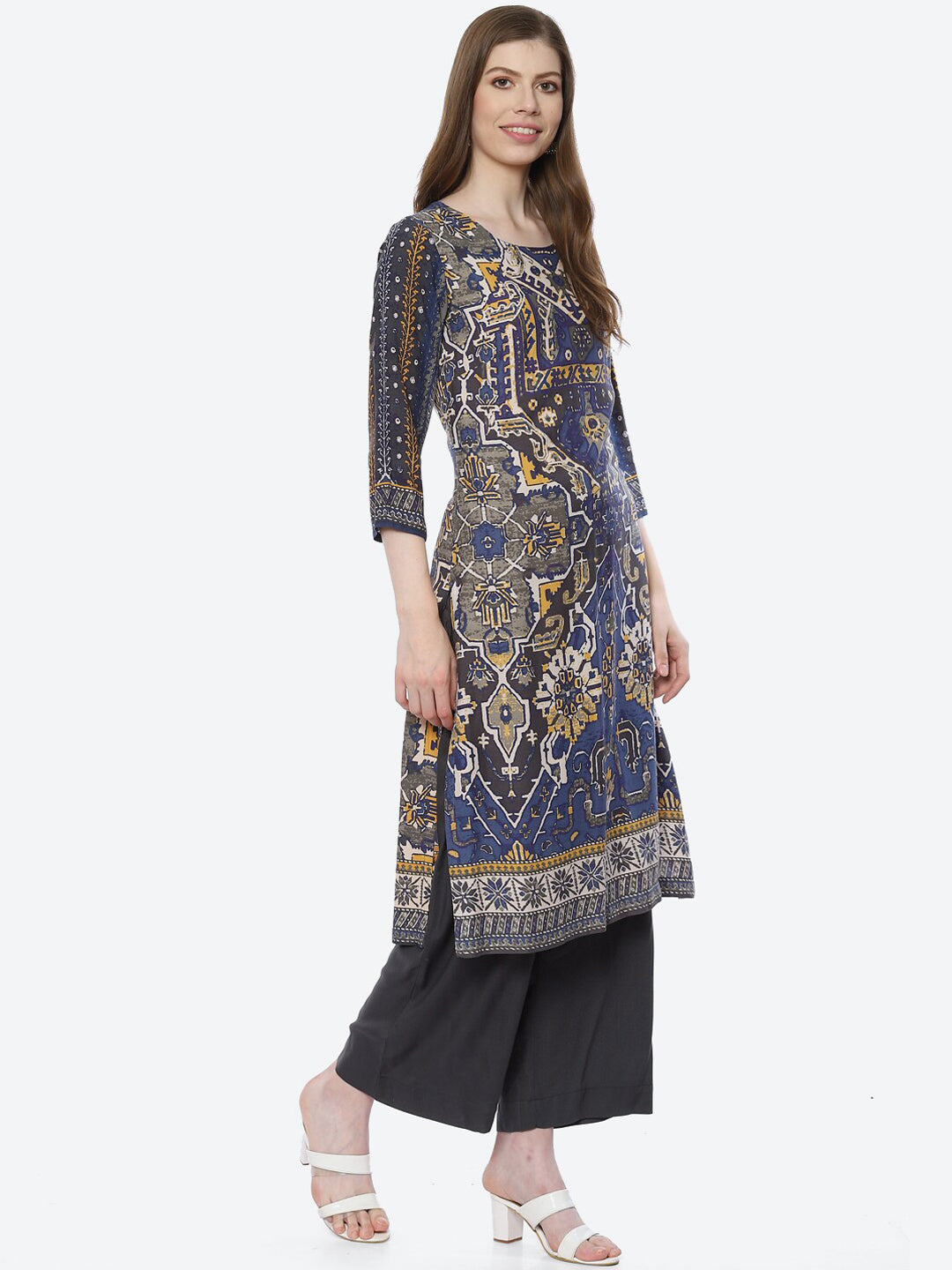 Biba Women Blue Printed Kurta with Palazzos & With Dupatta - Distacart