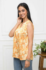 Thumbnail for Myshka Women Mustard Floral V-Neck No Sleeves Polyester Top - Distacart