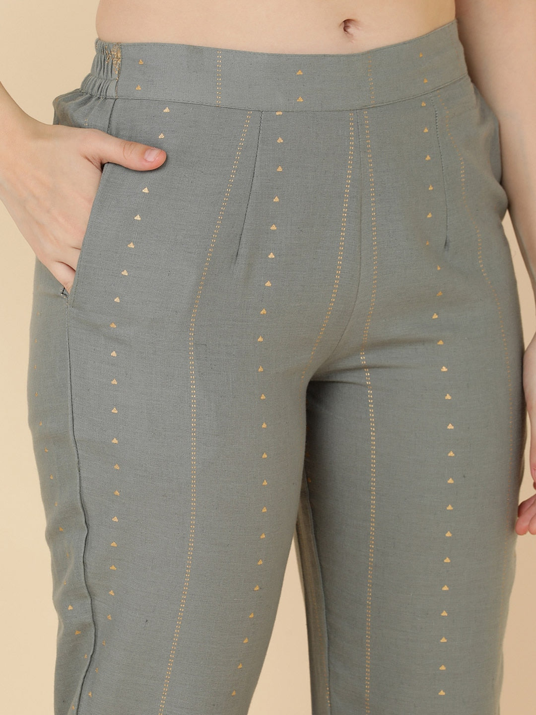 HERE&NOW Women Grey Ethnic Motifs Printed Gotta Patti Kurta with Trouser & Dupatta - Distacart
