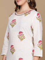 Thumbnail for HERE&NOW White & Pink Floral Printed Pure Cotton Kurta - Distacart