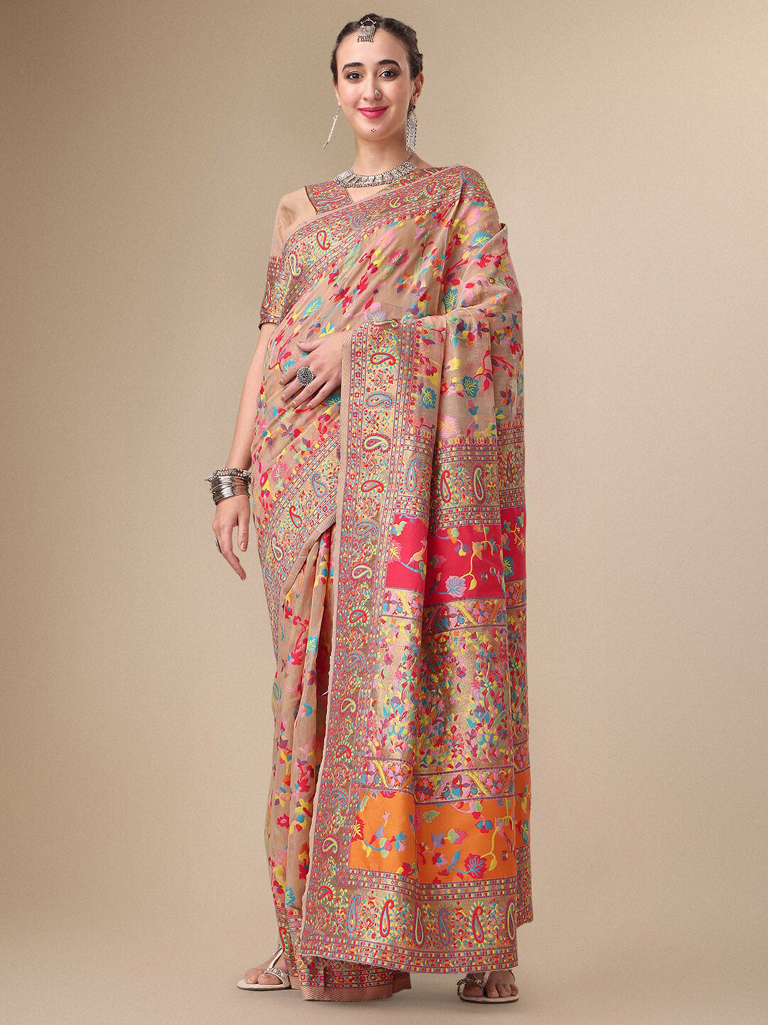 Sangria Beige & Orange Floral Woven Design Pure Silk Saree - Distacart