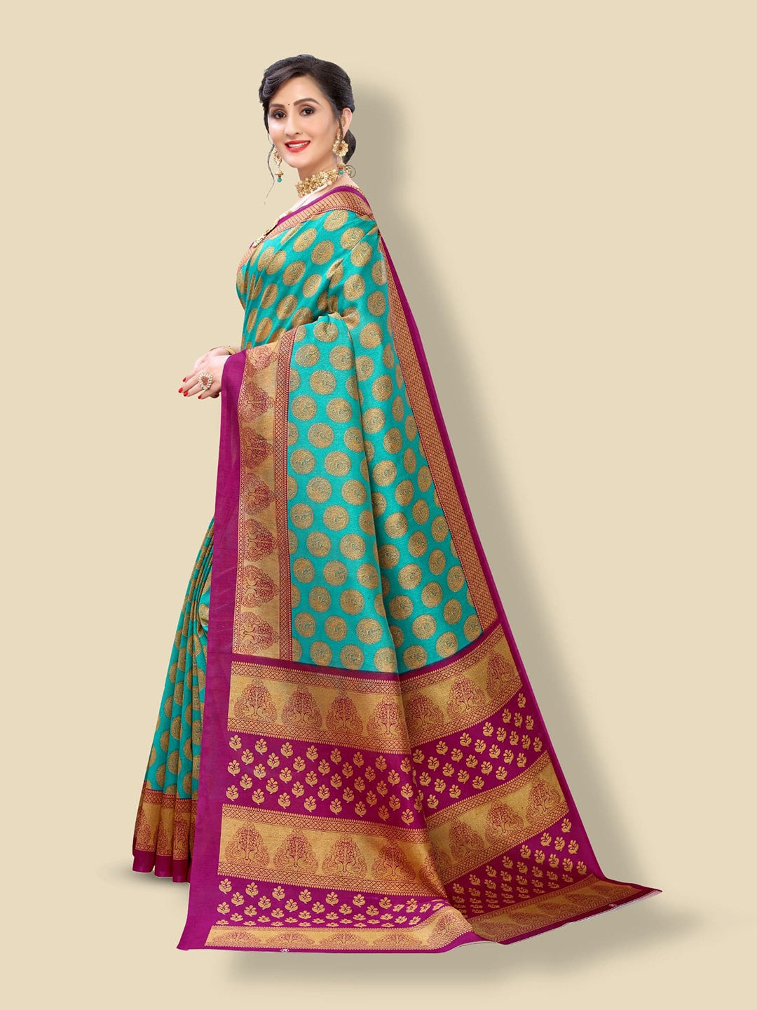 Kalini Green & Magenta Ethnic Motifs Kanjivaram Jacquard Saree - Distacart