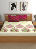 Thumbnail for My Room Pink & Green Ethnic Motifs 140 TC Fitted Cotton King Bedsheet & Pillow Covers - Distacart