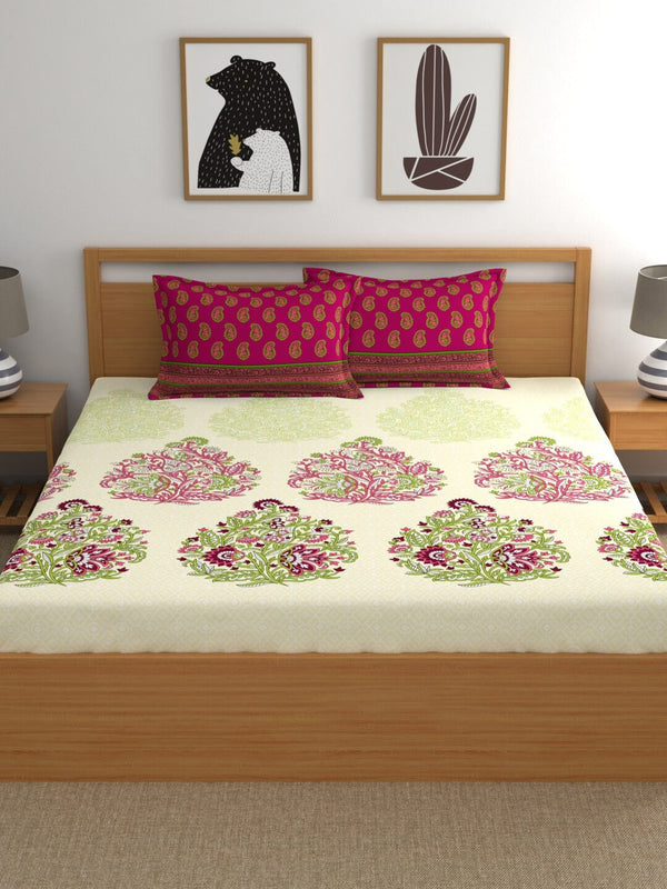 My Room Pink & Green Ethnic Motifs 140 TC Fitted Cotton King Bedsheet & Pillow Covers - Distacart