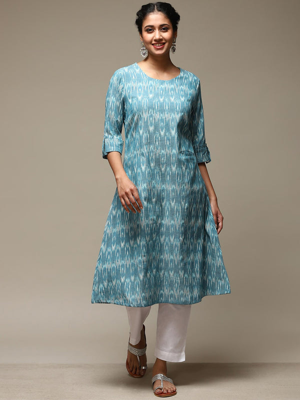 Biba Ikat Printed Roll-Up Sleeves A-Line Cotton Kurta - Distacart