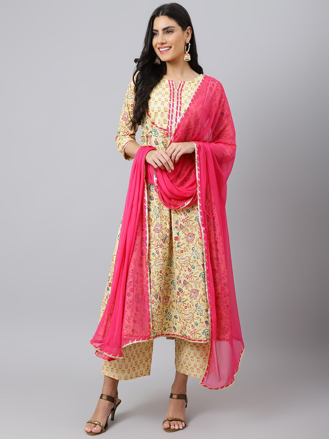 Khushal K Floral Printed A-Line Gotta Patti Pure Cotton Kurta with Palazzos & Dupatta - Distacart