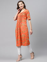 Thumbnail for Biba Women Orange & Yellow Floral Print A-Line Kurta - Distacart