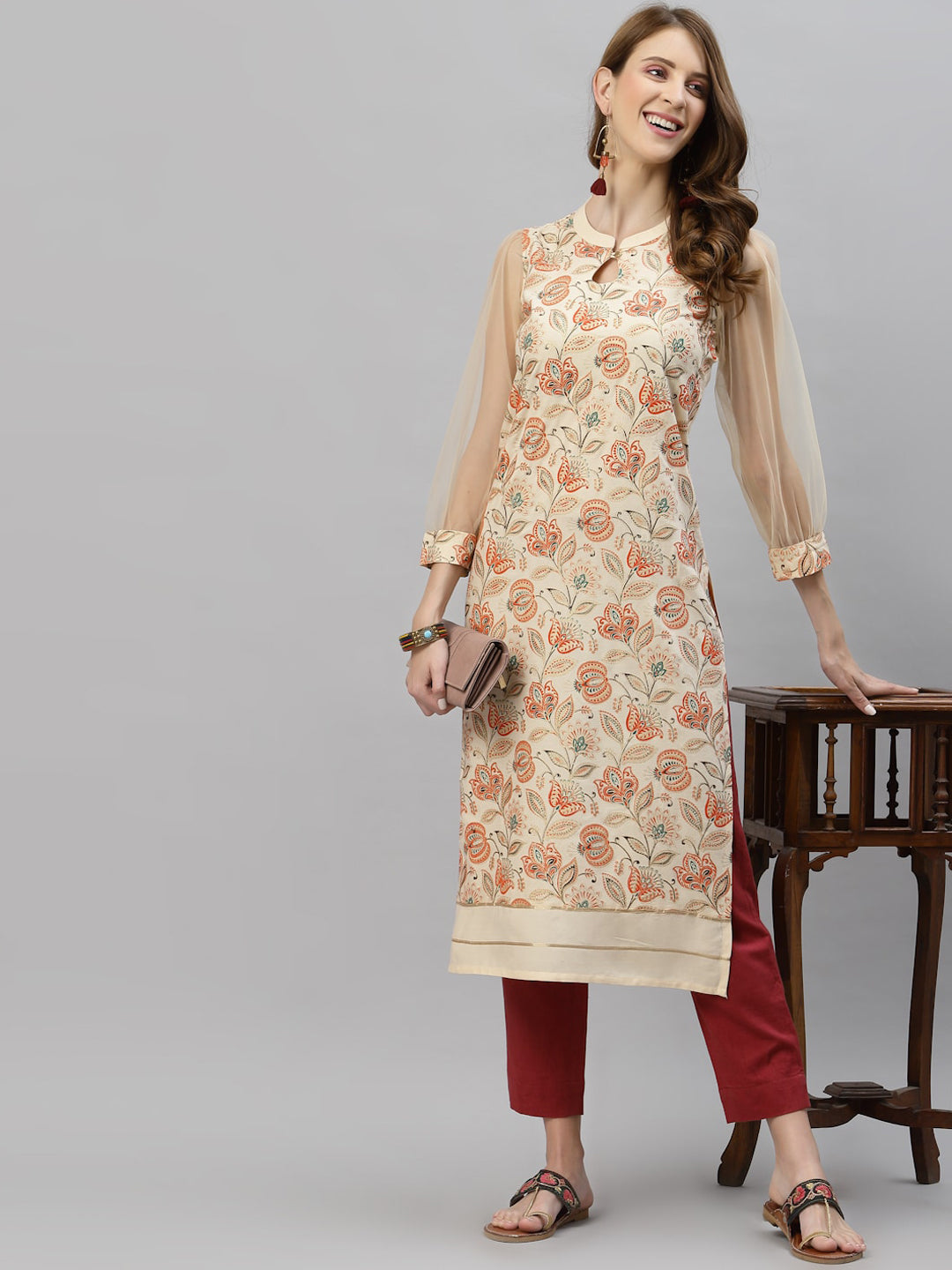 Kalini Women Cream-Coloured Floral Printed Keyhole Neck Kurta - Distacart