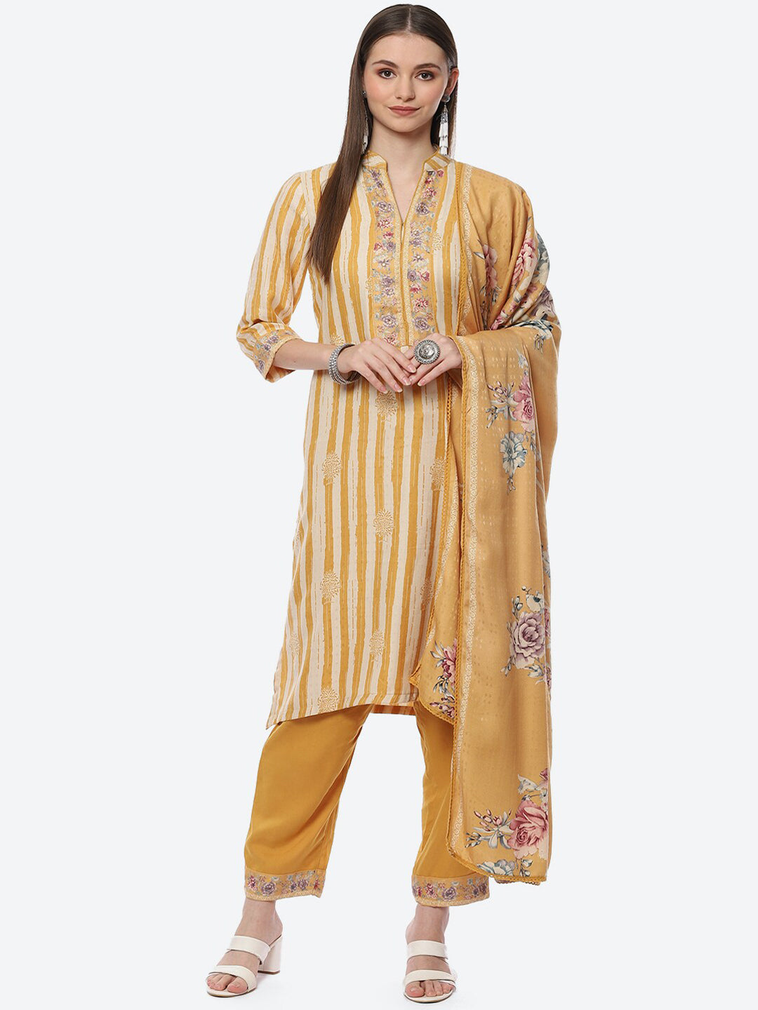 Biba Women Mustard Yellow Floral Printed Kurta with Trousers With Dupatta - Distacart