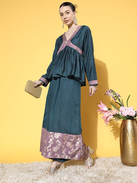 InWeave Women's Teal Mauve Brocade Mughal Shaan Kurta Palazzo Set - Distacart