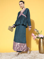 Thumbnail for InWeave Women's Teal Mauve Brocade Mughal Shaan Kurta Palazzo Set - Distacart