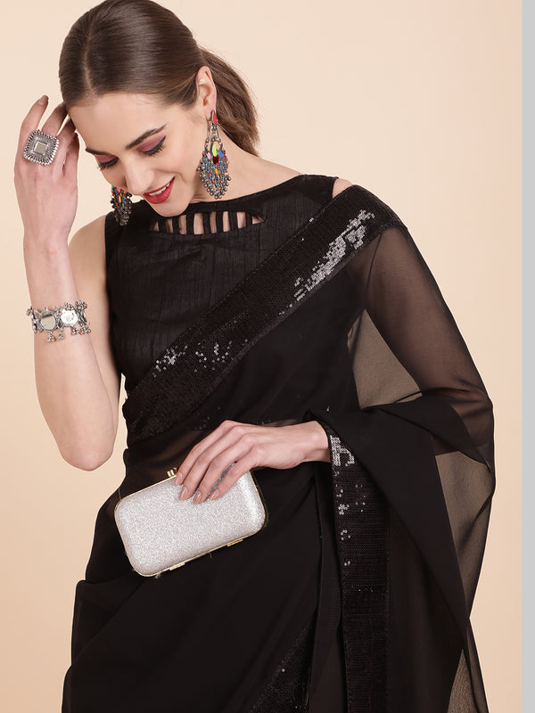 Sangria Black Sequinned Pure Georgette Saree - Distacart