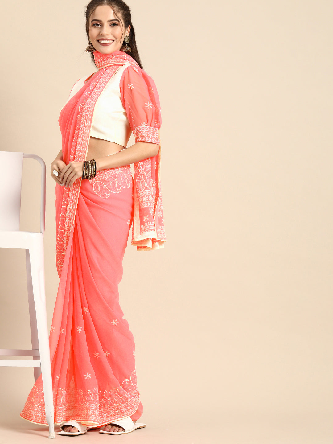 Sangria Pink Chikankari Embroidered Pure Georgette Saree - Distacart