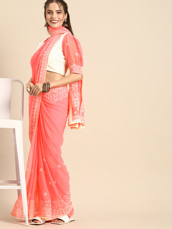 Sangria Pink Chikankari Embroidered Pure Georgette Saree - Distacart