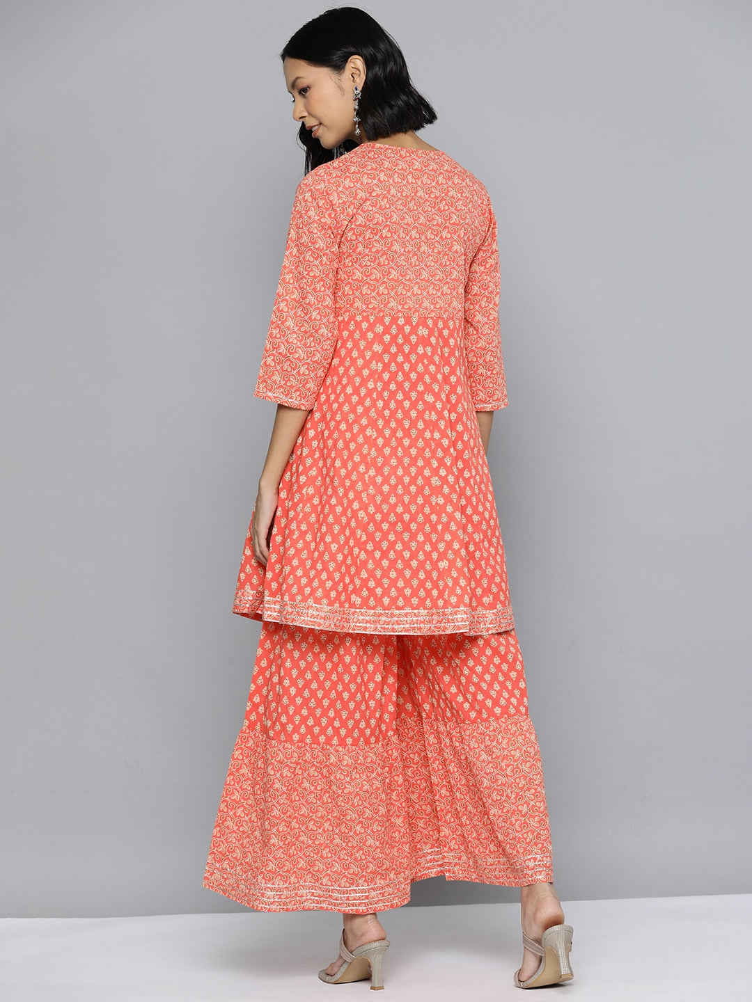 HERE&NOW Ethnic Motifs Print High Slit Cotton Kurta with Sharara - Distacart