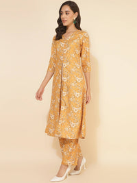 Thumbnail for Janasya Women's Mustard Moss Floral Printed Casual Front Slit Co-ords - Distacart