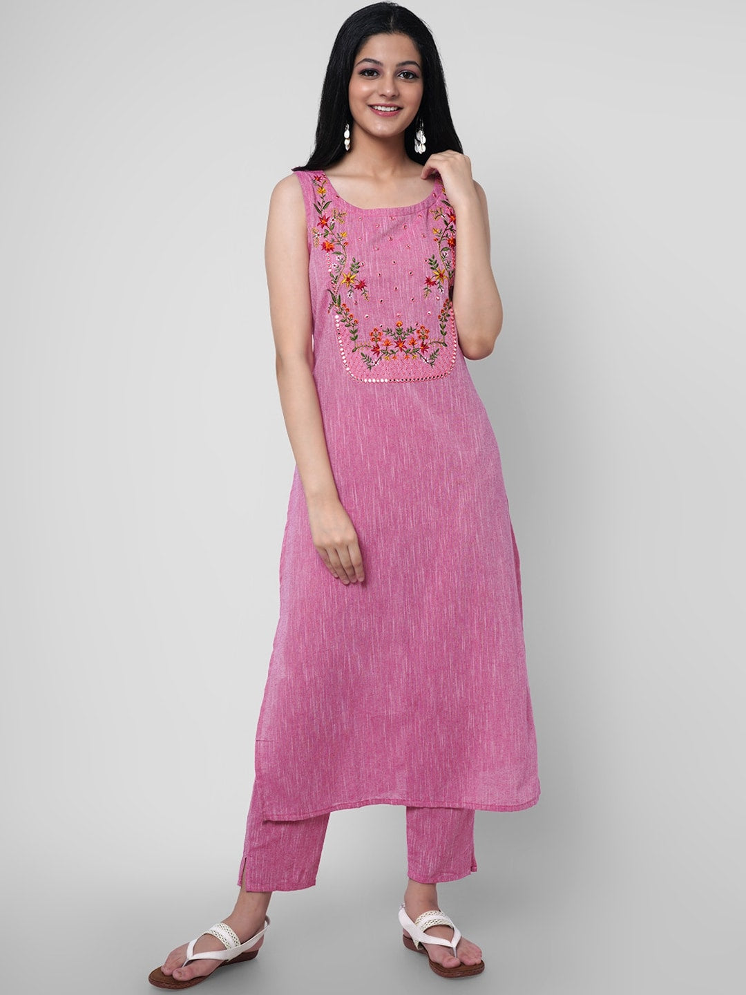 Kalini Women Pink Floral Embroidered Mirror Work Pure Cotton Kurta with Trousers - Distacart