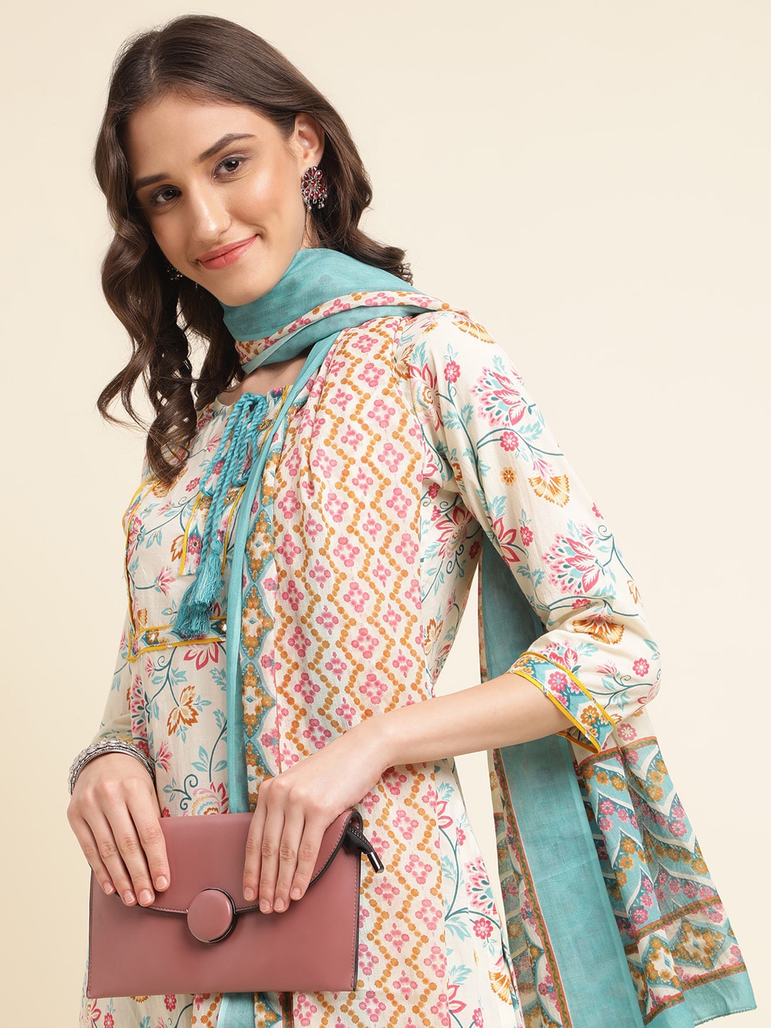 Sangria Beige & Blue Floral Printed Pure Cotton Kurta & Trouser With Dupatta - Distacart
