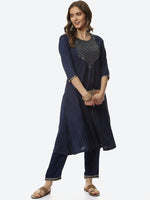 Thumbnail for Biba Women Navy Blue Printed Kurta with Trousers - Distacart