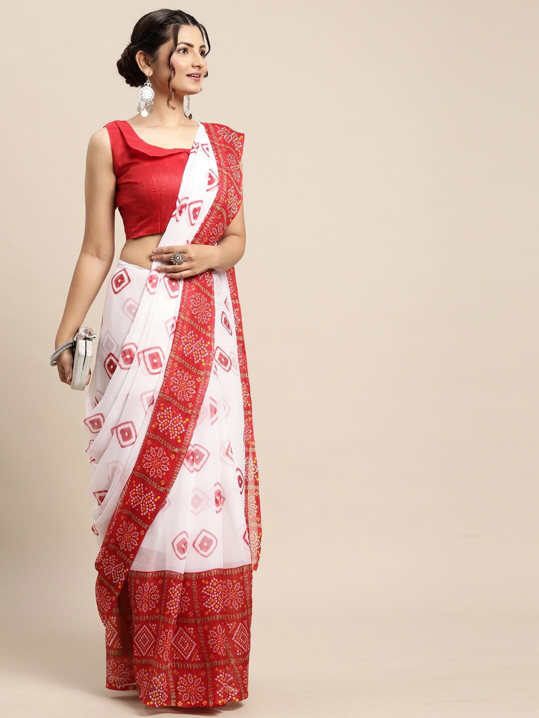 Saree Mall Women White & Red Bandhani Printed Poly Chiffon Sarees - Distacart