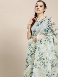 Thumbnail for Saree Mall Blue Floral Sequinned Linen Blend Chanderi Saree - Distacart