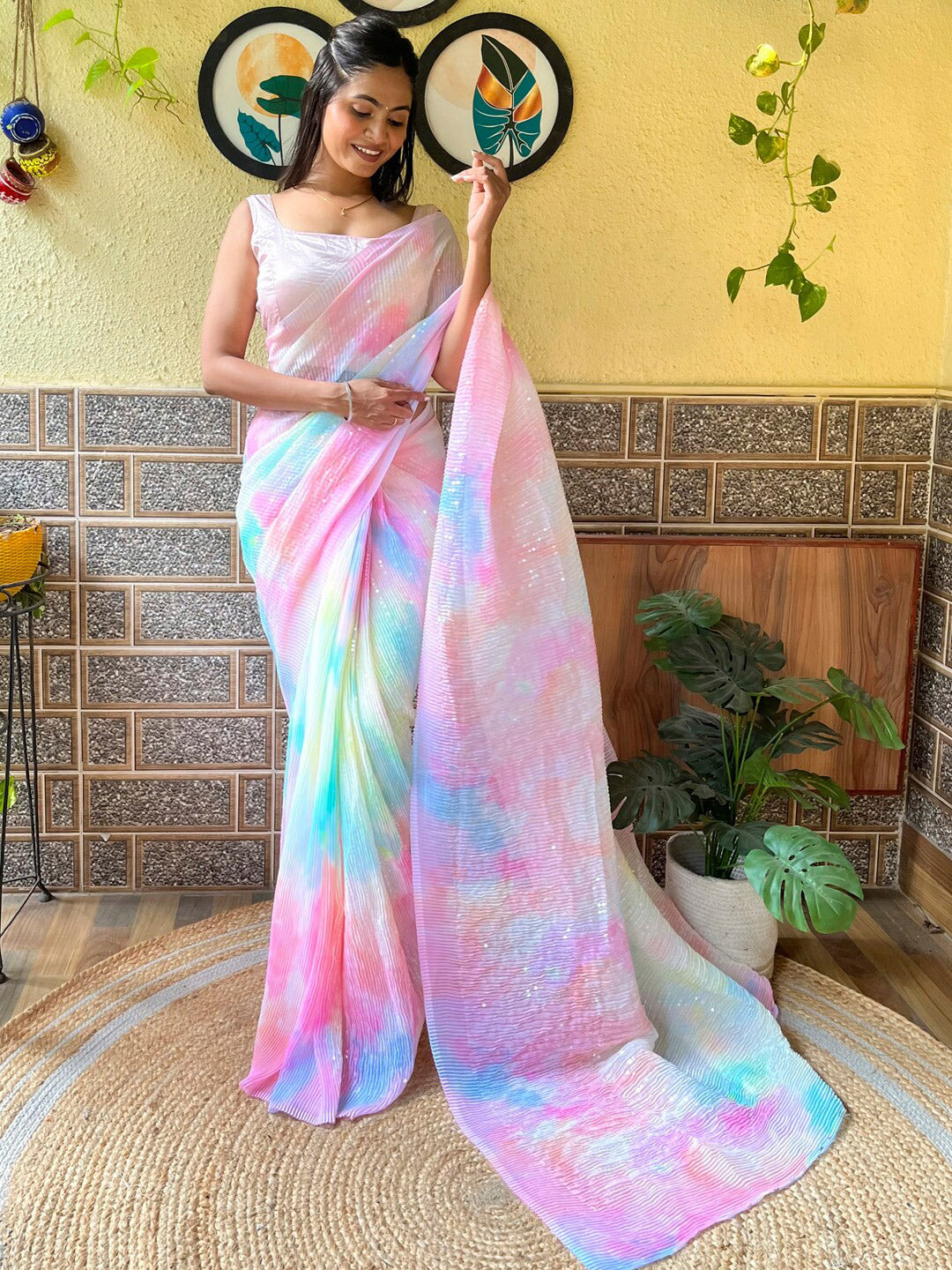 Mitera Pink Striped Sequinned Detailed Pure Georgette Saree - Distacart