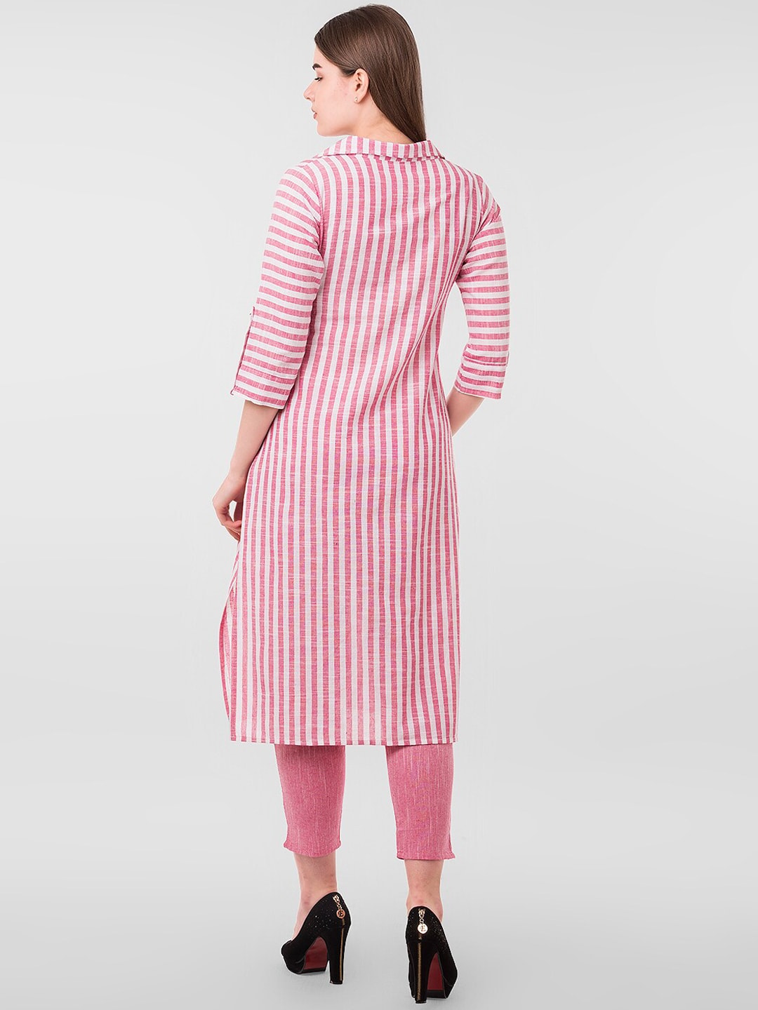 Kalini Women Pink Striped Pleated Kurta with Trousers - Distacart
