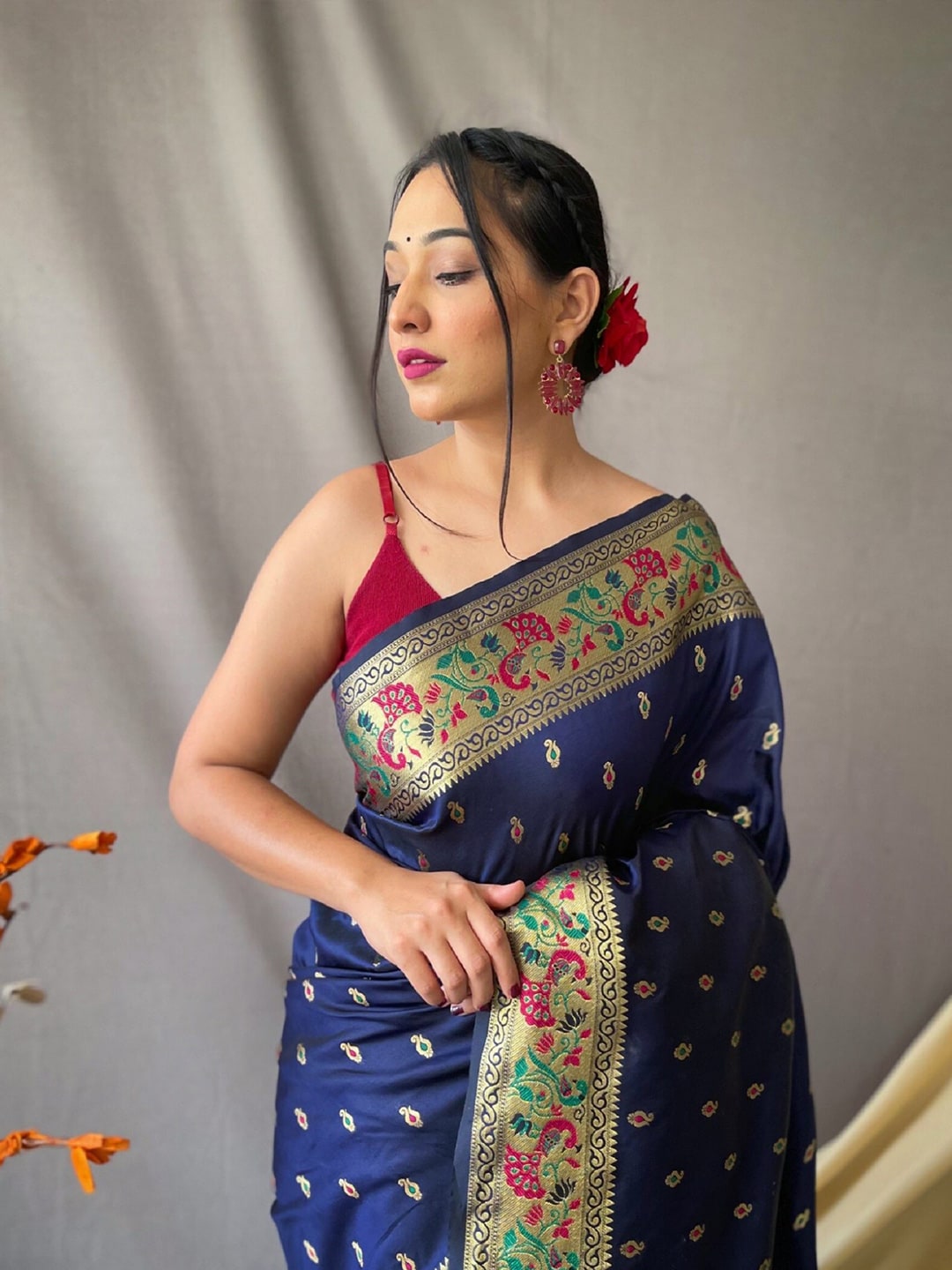 Mitera Navy Blue & Pink Ethnic Woven Design Zari Paithani Silk Saree - Distacart