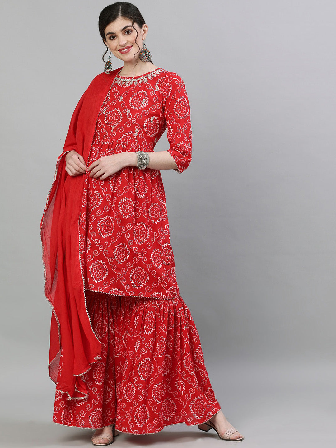 Ishin Women Red & White Printed Kurta with Sharara & Dupatta - Distacart