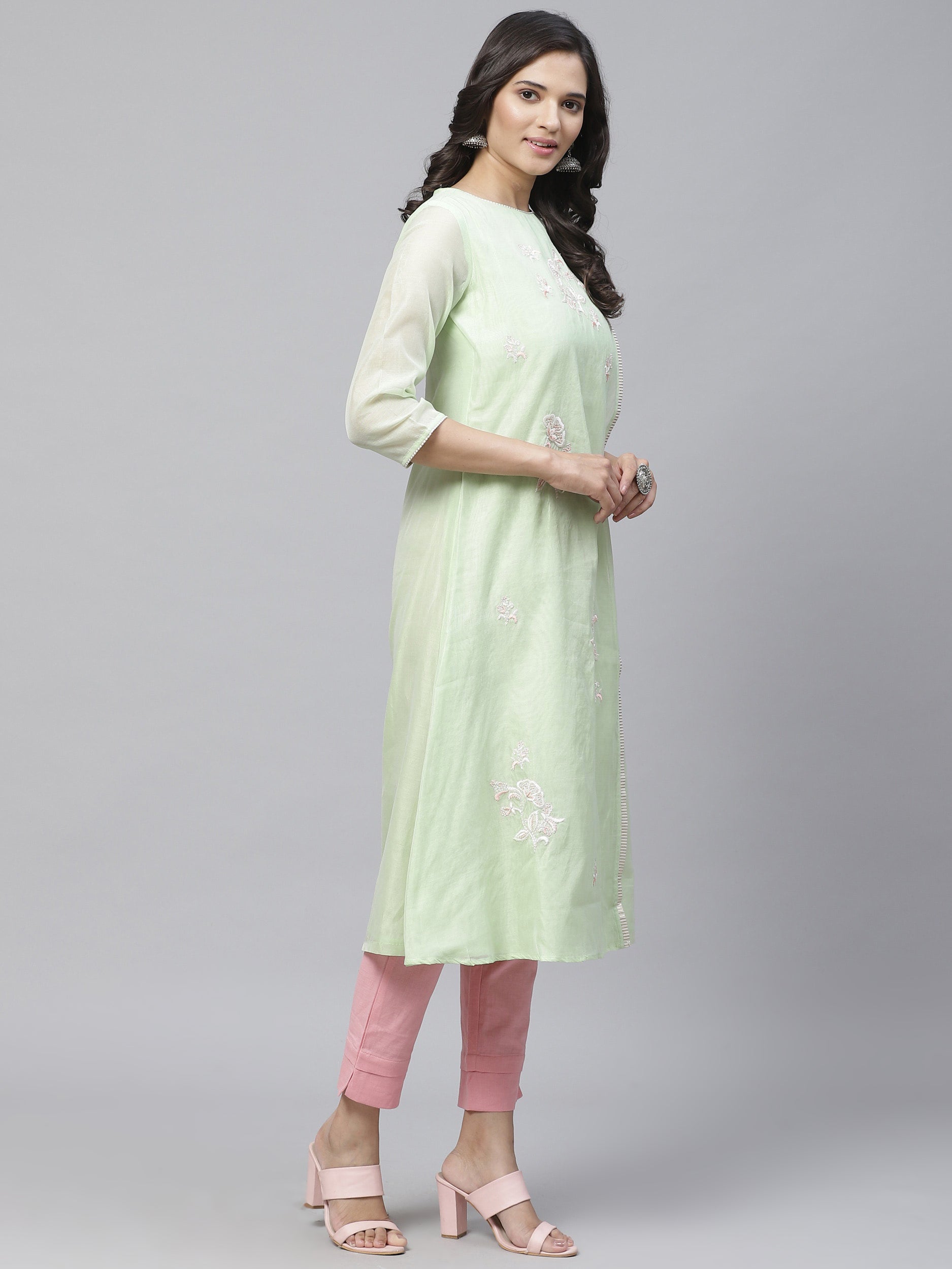 Biba Women Sea Green & White Embroidered A-Line Kurta - Distacart