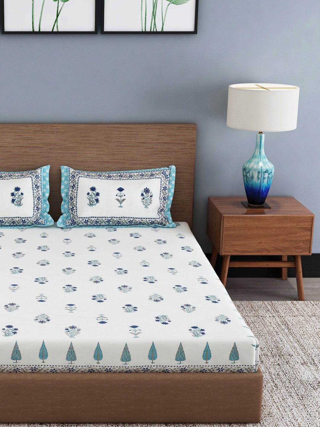 Rajasthan Decor Cream-Coloured & Blue Ethnic Motifs 180 TC Cotton 1 King Bedsheet with 2 Pillow Covers - Distacart