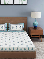 Thumbnail for Rajasthan Decor Cream-Coloured & Blue Ethnic Motifs 180 TC Cotton 1 King Bedsheet with 2 Pillow Covers - Distacart