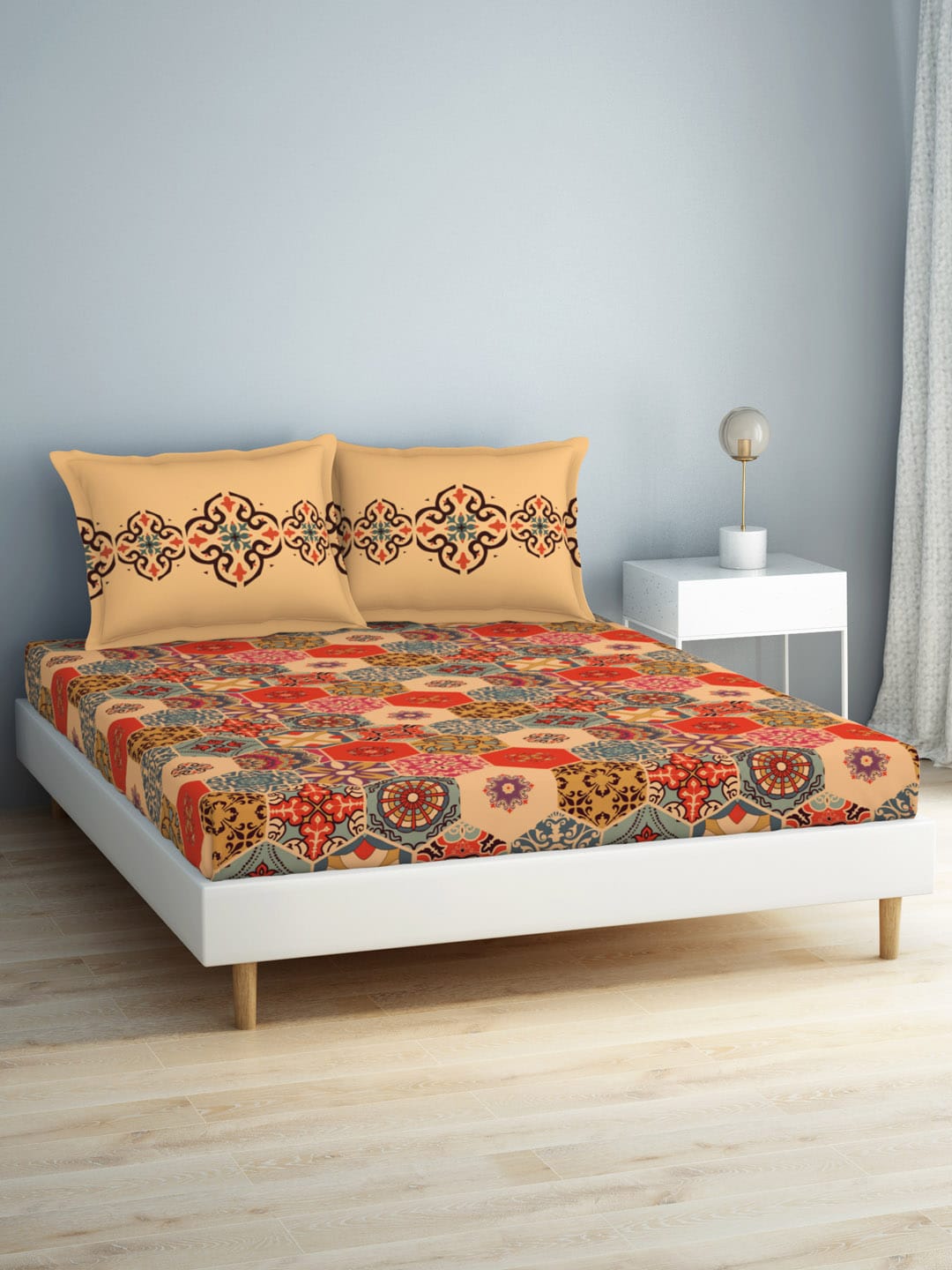 SPACES Aurum Orange Ethnic Motifs Pure Cotton 140 TC Queen Bedsheet with 2 Pillow Covers - Distacart