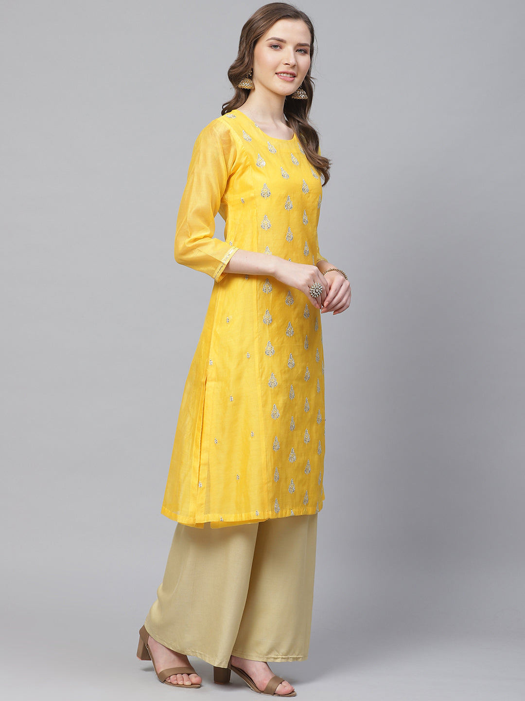 Biba Women Yellow & Silver Woven Design Layered Straight Kurta - Distacart