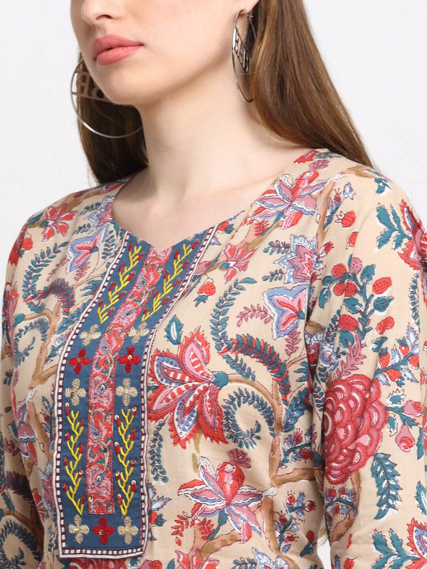 Kalini Women Beige Floral Printed Pleated Thread Work Pure Cotton Kurti with Trousers & With Dupatta - Distacart