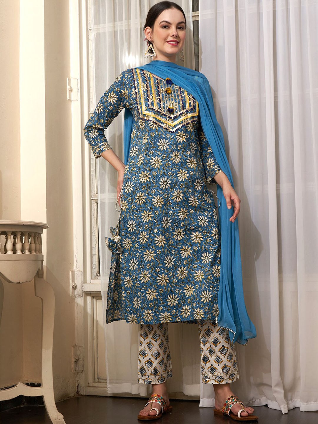 Sangria Blue Ethnic Motifs Printed Cotton Kurta with Trousers & Dupatta - Distacart