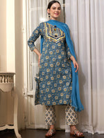 Thumbnail for Sangria Blue Ethnic Motifs Printed Cotton Kurta with Trousers & Dupatta - Distacart