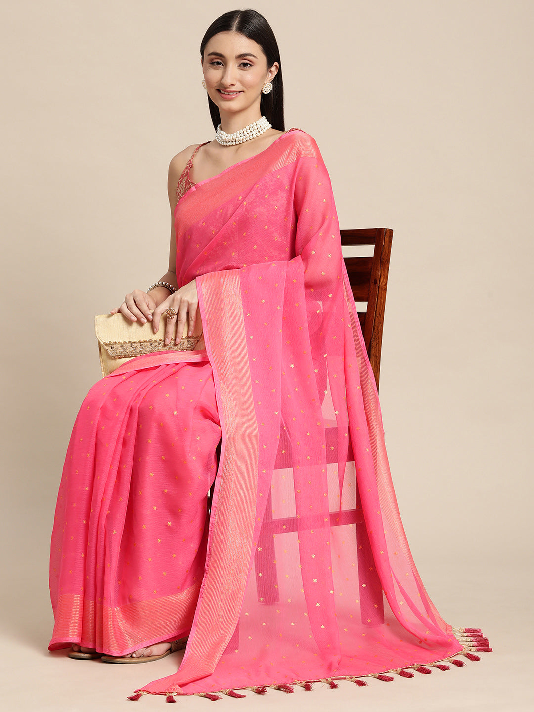 Mitera Pink & Gold-Toned Floral Zari Pure Chiffon Saree - Distacart