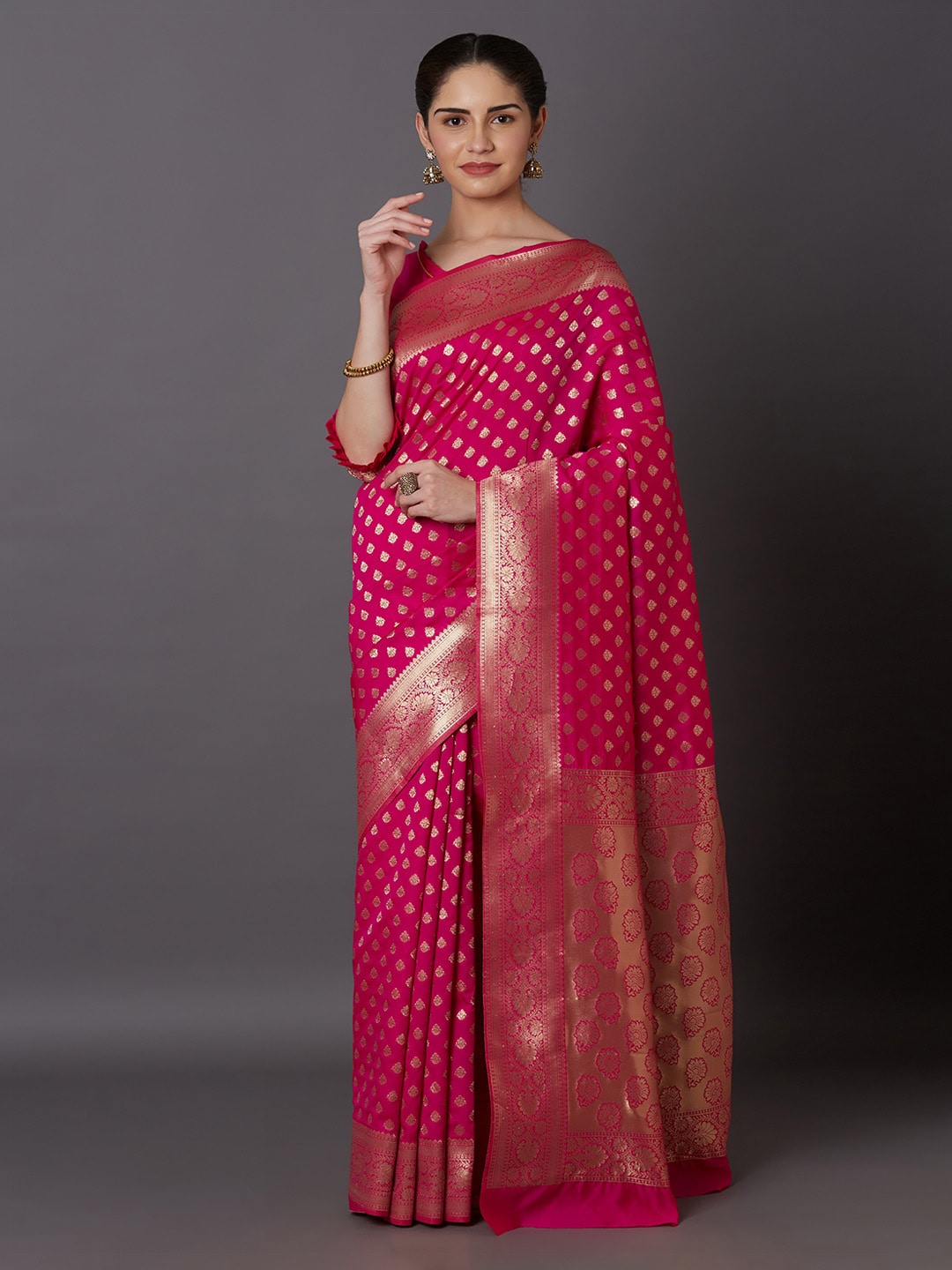 Mitera Pink & Gold-Toned Silk Blend Woven Design Kanjeevaram Saree - Distacart