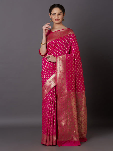 Mitera Pink & Gold-Toned Silk Blend Woven Design Kanjeevaram Saree - Distacart