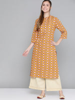 Thumbnail for HERE&NOW Women Mustard Yellow & Cream Pure Cotton Geometric Printed Kurta - Distacart