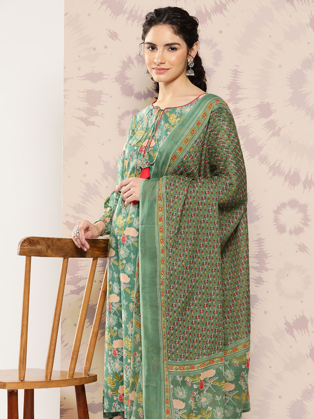 Kalini Women Floral Printed Regular Pure Cotton Kurta with Palazzos & With Dupatta - Distacart