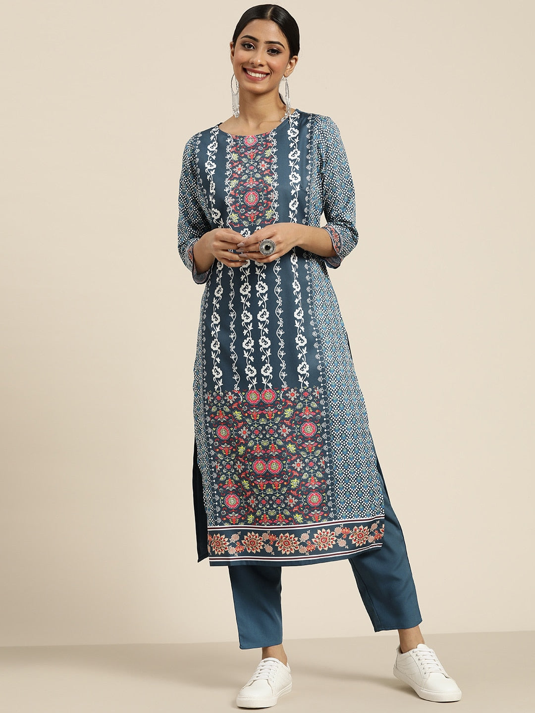 Sangria Women Teal Blue & White Ethnic Printed Straight Kurta with Trousers - Distacart