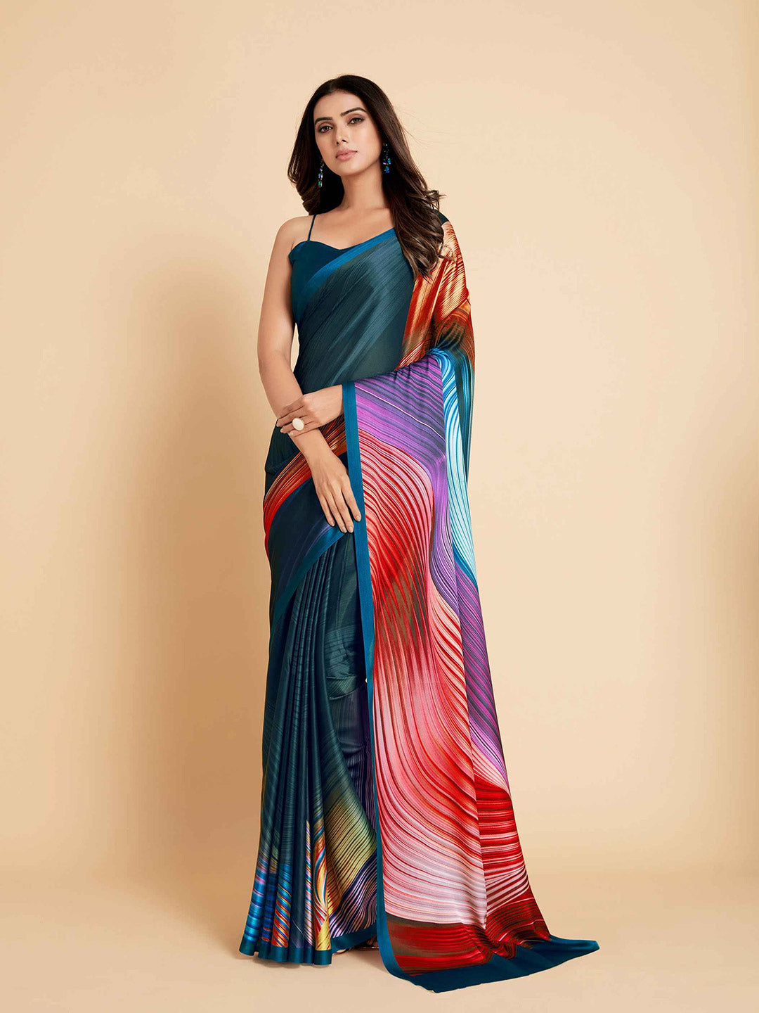 Sangria Navy Blue & Violet Satin Ready to Wear Saree - Distacart